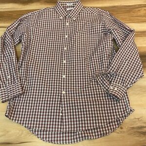 IZOD Mens Button Down Shirt Regular Fit 16.5 34/35 Burgundy Plaid Wrinkle Free